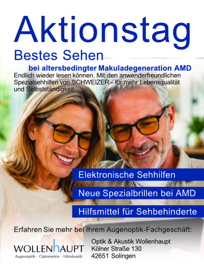 Aktionstag Optik Akustik Wollenhaupt 2026 Gesichter einer dunkelblonden Frau und eines grauhaarigen Mannes. Beide lächeln und blicken auf die Info Aktionstag bei Wolenhaupt.